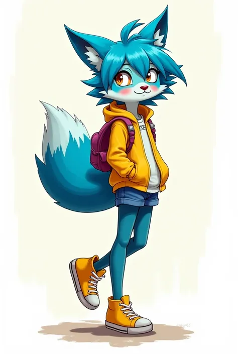 a full body blue haired age furry fox girl wearing runaway clothes and yellow converse in 2D cartoon style.