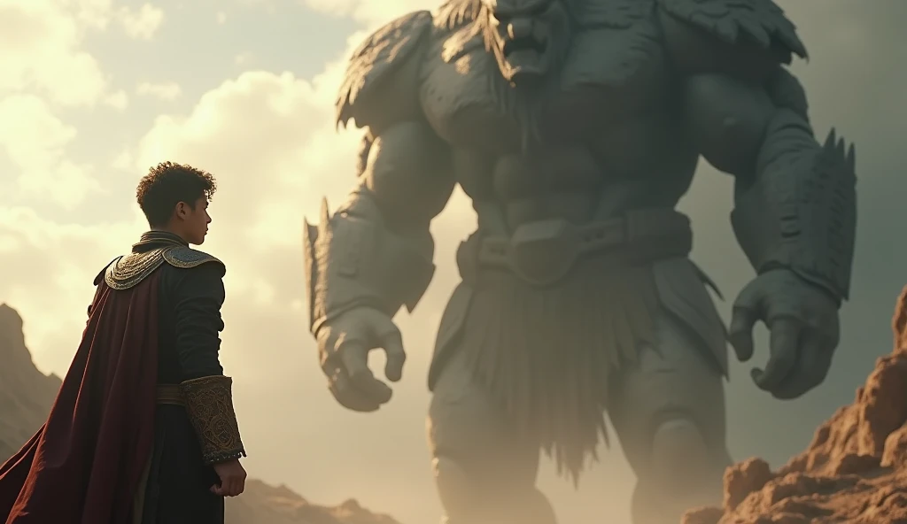 Cinematic frame of A Young Man Looking Up with Determination, facing the shadow of a huge giant in front of him .,  outfit,   Very detailed,  high budget, epic,  awesome