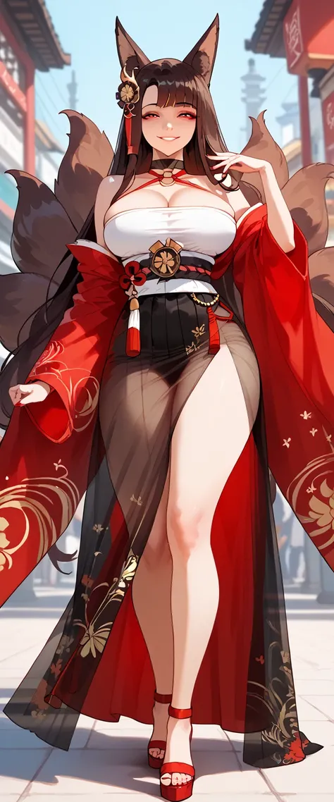 ultra-detailed, 1girl, solo, (best quality), ((masterpiece)), (highres), 16K, long hair, long sidelocks, red eyes, red eyeshadow, fox ears, multiple fox tails, gold headpiece, o-ring choker, halterneck, white tube top, detached wide red sleeves, black sash...