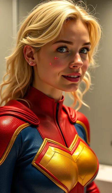 4k image, sharp image, hd image, marvel character super girl with pimple face wash her face with a golden soap in a washroom 