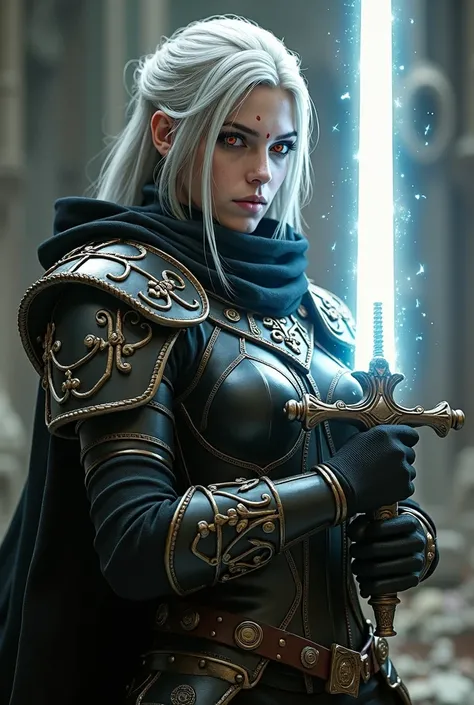 White-haired, pale-skinned warrior, with vibrant orange eyes and two scars under both eyes, Ciri the Witcher, near automata. Wear black and gold armor. Wielding a sword in front of his body that emits a shimmering white light.  room,  realism, digital,  de...