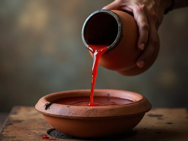  The image shows a scene that captures a liquid being poured from a jar or metal container into a larger container,  apparently made of clay or aged metal .  The liquid being poured has a vibrant red color and flows with a thin line ,  indicating that the ...