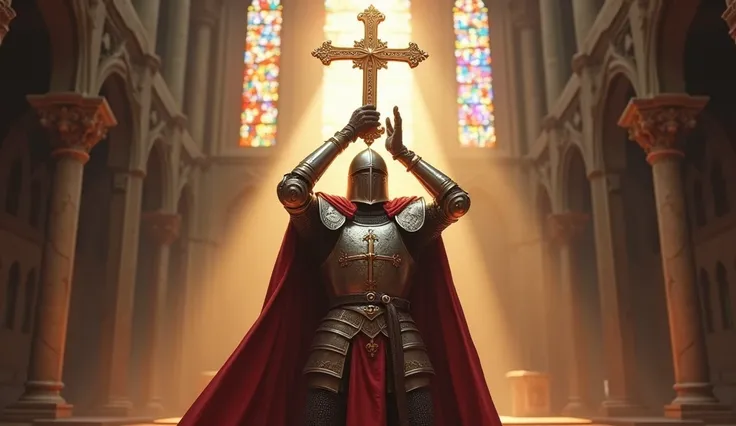 A Knight Templar holding the cross of Saint Benedict while obtaining the victory of Saint Michael.