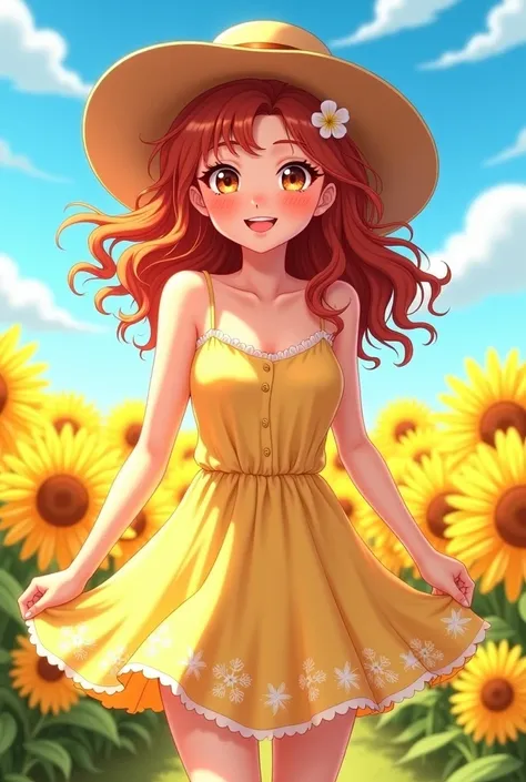 "4K anime style quality, digital drawing mode, a cheerful and radiant woman with curly auburn hair, warm hazel eyes, and sun-kissed freckles, wearing a light yellow sundress with delicate floral patterns and a sun hat, standing in a vibrant flower field un...