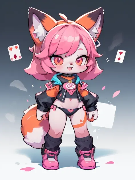 Female hairy rainbow fox , Fox Ears , a fox tail , wide hips , White Skin Body , simple background , full body, standing, chibi. (cyberpunk style), ( High Quality , thong, 8k, high resolution), ((estilo chibi, chibi cute)), ( alone, A girl ), { fox girl, F...