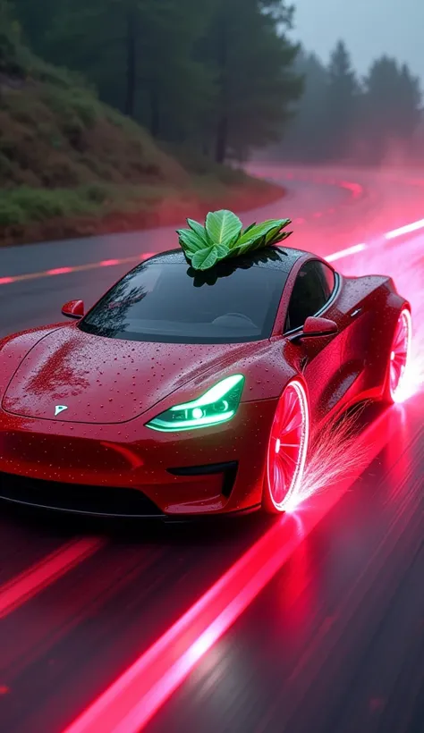 The Strawberry Tesla is an ultra-futuristic electric beast! The body is deep red with small, bumpy textures like strawberry seeds. The headlights emit a piercing green glow, while neon pink electricity pulses through the car’s sleek aerodynamic frame. A bi...