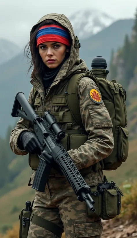 elegantly camouflaged and stealthy Armenian woman, carrying (assault rifles) on her shoulders, she has military backpacks, the flag of Armenia on her head, and she moves forward