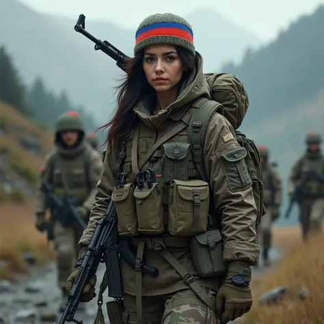 elegantly camouflaged and stealthy Armenian woman, carrying (assault rifles) on her shoulders, she has military backpacks, the flag of Armenia on her head, and she moves forward