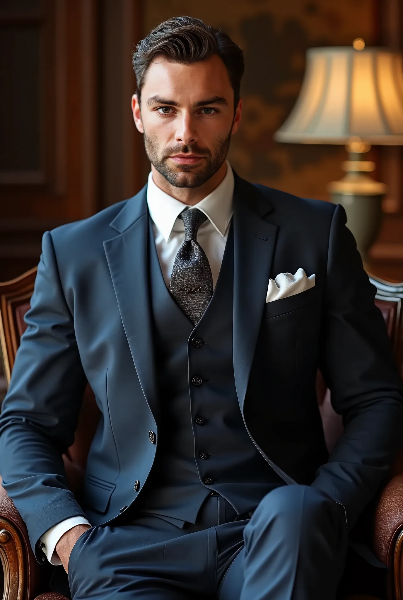 (( Masterpiece )), (( top quality :1.2)),  high resolution , 8 k, (ultra_ realistic:1.3), (photo realistic:1.4),  clear focus ,  very detailed,  incredibly attractive ,  muscular man , On it ((very expensive ,  designer suit with jacket, vest and tie ,  em...