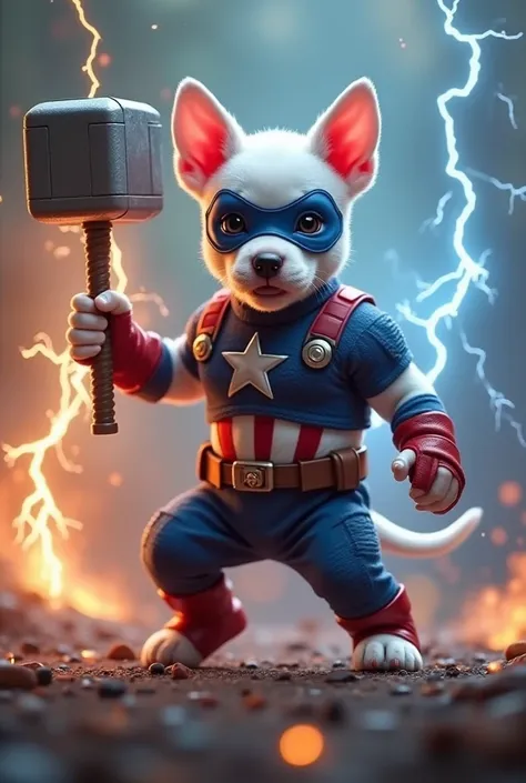 White baby bullterrier puppy with Captain America costume and Thor's hammer with lightning effect 