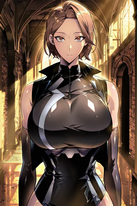 masterpiece, best quality, amazing quality, very aesthetic, absurdres, newest, scenery, 1girl, solo, huge breasts, brown hair, short hair, brown eyes, hair behind ear, sleeveless jacket, black jacket, elbow gloves, black gloves, thighhighs, dungeon, (insid...