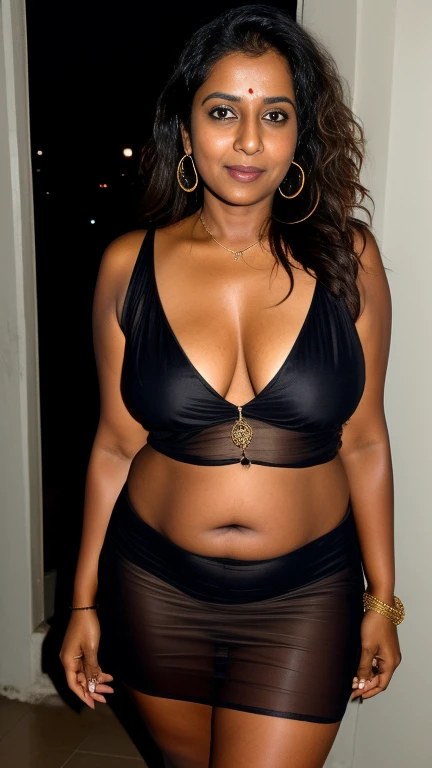 Naked South Indian milf, dark skin, curvy body, sweaty body, dishevelled messy hair, wearing mangalsutra and bangles, drunk look, in revealing night dress