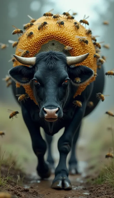 a black cow walking towards the camera visibly in pain with honeycomb with bees on its back