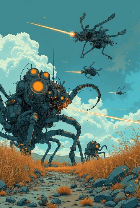  (   fantasy      )(        Steampunk Night War      、A scene where black, multi-legged robots that look like centipedes fight)( Sparks of war fly     、Wind pressure     )(   beautiful blue sky  )(   Avantgarde Arrangements       )、         Hi-Res,       M...