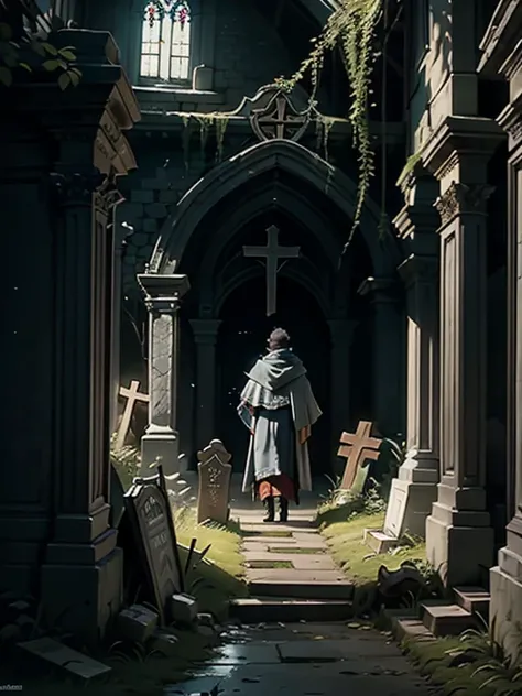 crusader knight   (in a cloak with a cross  )  a walk through the old cemetery with destroyed tombstones  ( along the overgrown path  )   in the background is a dilapidated little chapel  (, the light is on in one of the chapel windows ), night by the sea ...