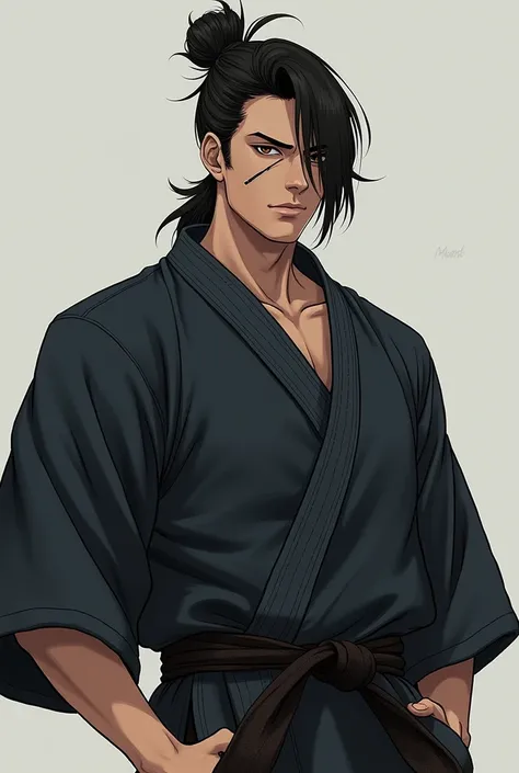 Haruto Takahashi is a 6-foot-4 Japanese warrior with a lean, athletic build. His face, marked by a diagonal scar on his left cheek, reflects coldness and intensity. He has piercing dark brown eyes and slightly long black hair tied in a bun or ponytail. He ...