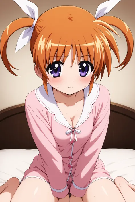 masterpiece,best quality,{{detailed beautiful face and eyes}}, very detailed background,
Takamachi Nanoha,{{{megami magazine}}},short hair,orange hair,twintails,white ribbons,hair between eyes,purple eyes,small breasts,
((pink pajamas)),
1girl,cleavage,(is...