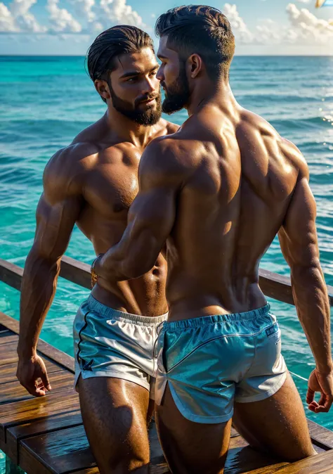 ((Masterpiece, High Quality)), Best Quality, Ultra Quality, Highly Detailed, Ultrarealistic, Cinematic, High Resolution, Photorealistic, Sharp Details
Subject: Two young, bearded, muscular, and chiseled men standing on a wooden pier extending over the crys...