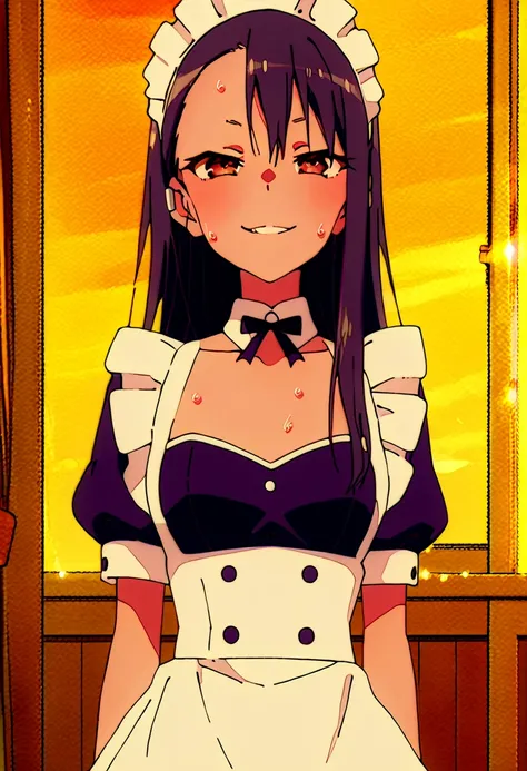 Nagatoro from the anime please don't bully me miss Nagatoro wearing a maid outfit and sweating from the heat and breathing heavily and looking with a naughty face