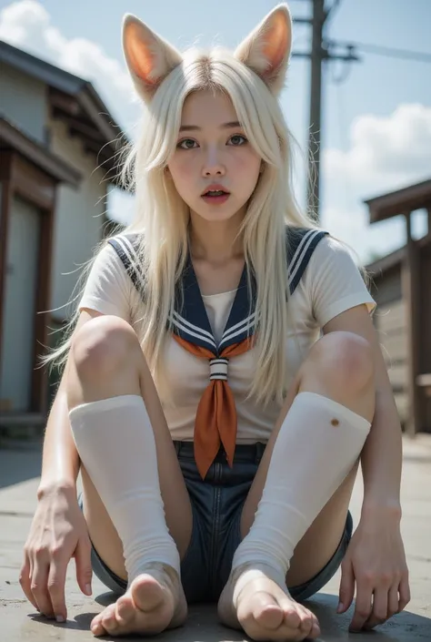  1 girl working part-time,Dirty,foot,foot底, red eyes，breast,, long hair,White hair,foot趾,foot部焦点, looking at the audience ,sit,sweat, open mouth ,Dirty foot，Outdoor,Sky, bangs， white pantyhose， Fox Ears ，There&#39; dirt on the body， sailor uniform