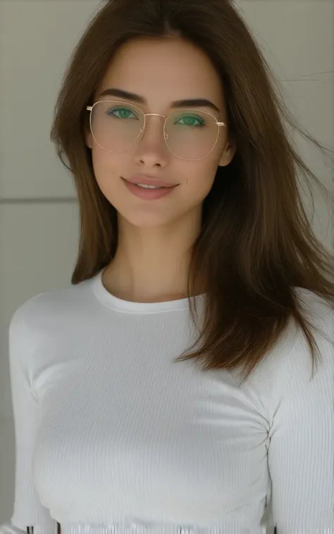 A hyper-realistic full-body portrait of a stunning 20-year-old young Italian woman with long chestnut brown hair, mesmerizing green eyes, and fair skin. She has a delicate yet well-defined facial structure with soft, natural lighting highlighting her featu...