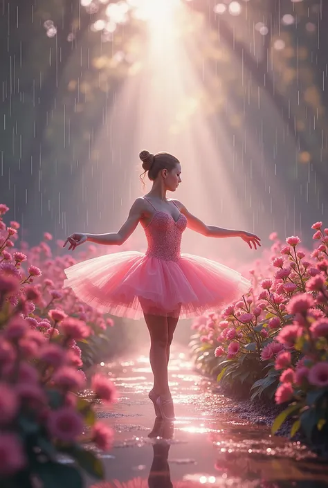 The shadow of a pink ballerina ,  in her garden with pink flowers ,  falls from the sky being watered by water that comes from the sky,  and a resplendent light , in drawing,  without being realistic