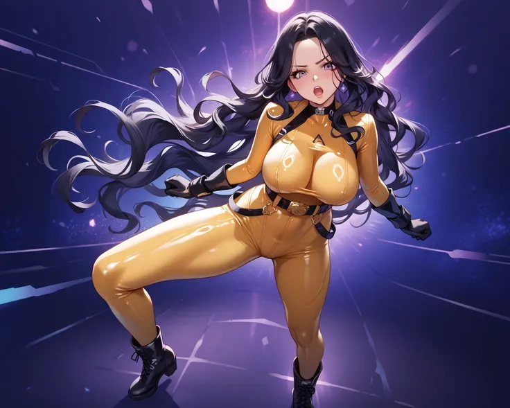 score_9_up, score_8_up, score_7_up, 1girl, solo, source_anime, glossy skin, nyantcha style, mature female, edgsby, wearing edgsby_(bodysuit), belt BREAK 

Large breasts, black hair, long hair, wavy hair, purple eyes, curtained bangs, forehead, (golden body...