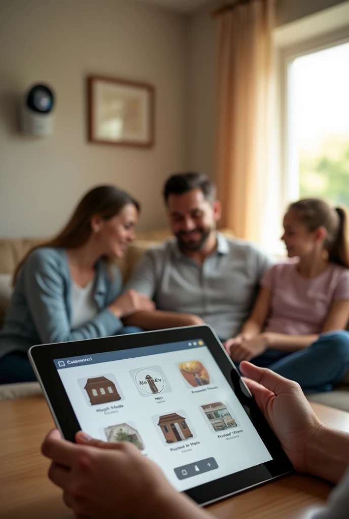 A relaxed family in their living room while a security camera in the corner adjusts its settings automatically according to the time of day. at the table,  a tablet shows the control system ,  allowing you to select functions such as 'Night Mode' ,  'Perim...