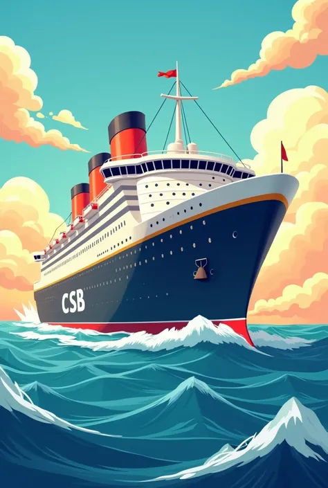 A cartoonish image of a  (ship)  cruise ship on the high seas with the words “CSB 2025”. 