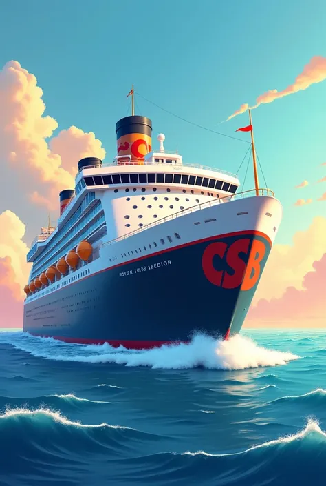 A cartoonish image of a  (ship)  cruise ship on the high seas with the words “CSB 2025”. 