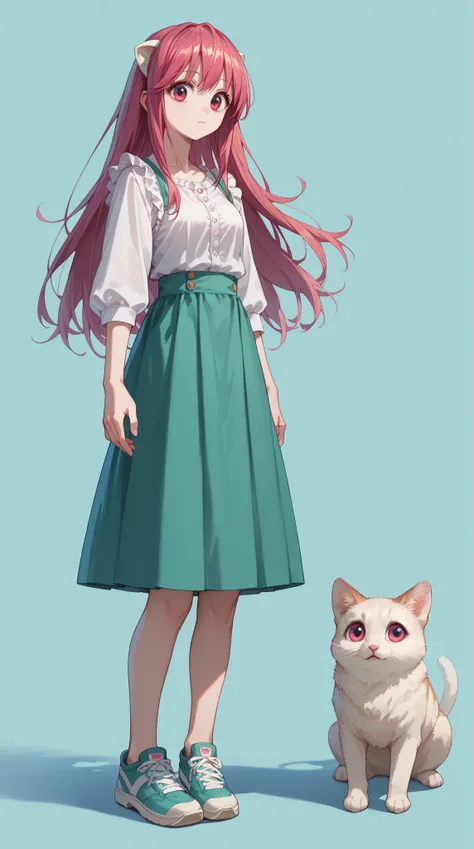  score _9,  score _8_arriba,  good quality ,  masterpiece,  big eyes , simple background 
ElfenliedLucy, Lucy,  long hair, pink hair,  pink eyes,  white blouse, green skirt,
 looking at the spectator,  full body, happiness 