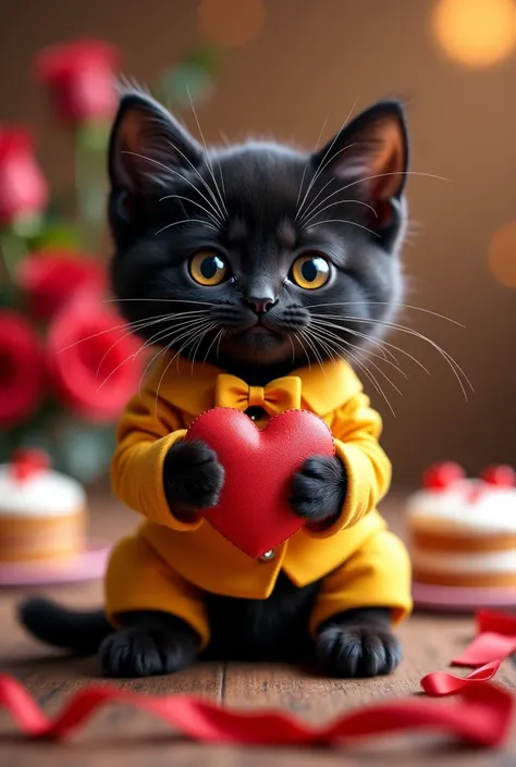 black kitten sitting in a yellow suit with a bow tie, Sharp suit ,  and a very cute smile holding out a red heart with a ribbon,  realistic, portrait, Sparkling eyes ,  floating quantum dot starlight , Ultra-precision,  delicacy, In the background, you can...