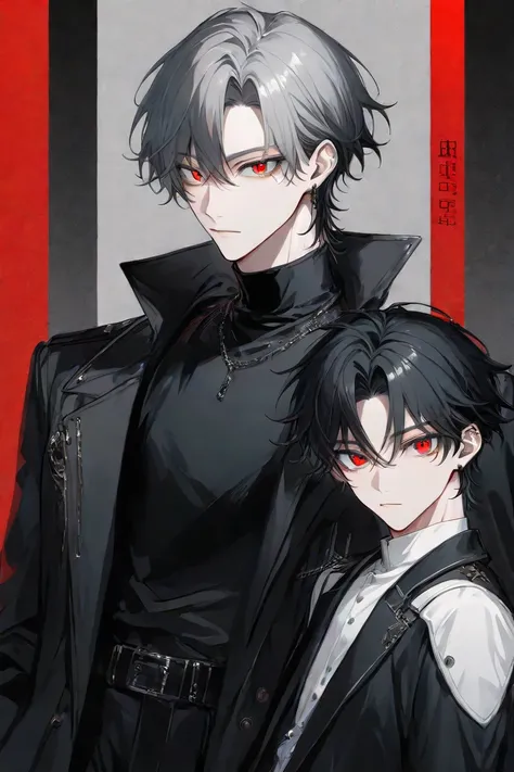  male,Gray Hair, longer than shoulder , red eyes, handsome, are cool, tall ,178cm,Black and white outfit,, male, black hair,Shorter than shoulders, blue eyes,172cm, handsome, are cool, look here, black clothes