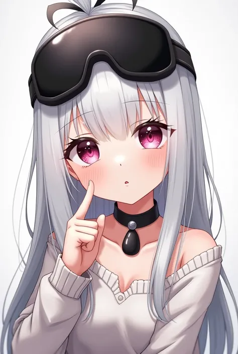 Very cute female cuddly female character shamefully makes her white hair tied with bangs 
Wearing black ski goggles over her head makes her embarrassed and shy 
White skin color an eyeshadow on her forehead a black rock necklace around her neck makes her m...