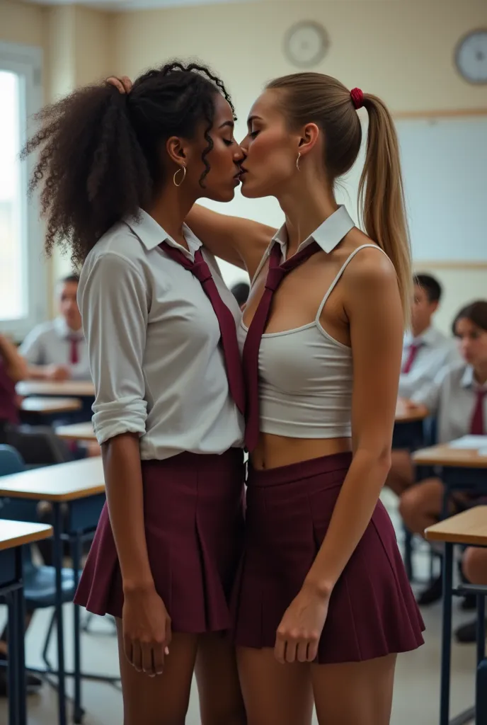 Lesbian couple dark-skinned pale-skinned  hugging kissing. ideal female body, school uniform, classroom