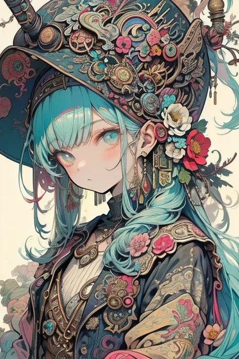  1 beautiful girl，solo， steampunk， hairstyle randomly ， hair color is random，Mr.々Creatures，flower，hat， high image quality，vivid
