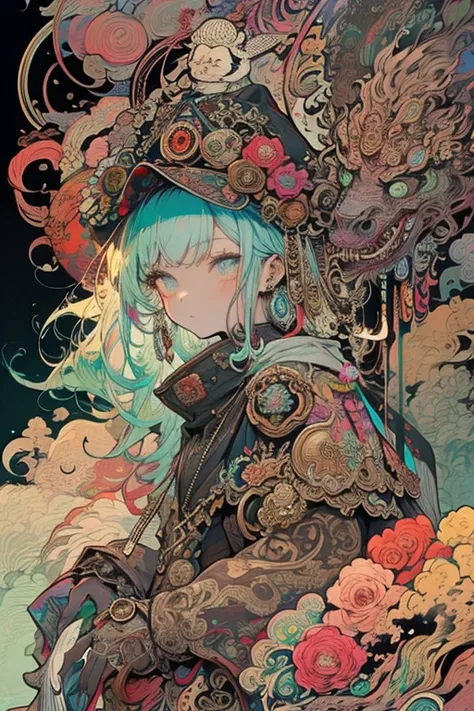  1 beautiful girl，solo， steampunk， hairstyle randomly ， hair color is random，Mr.々Creatures，flower，hat， high image quality，vivid
