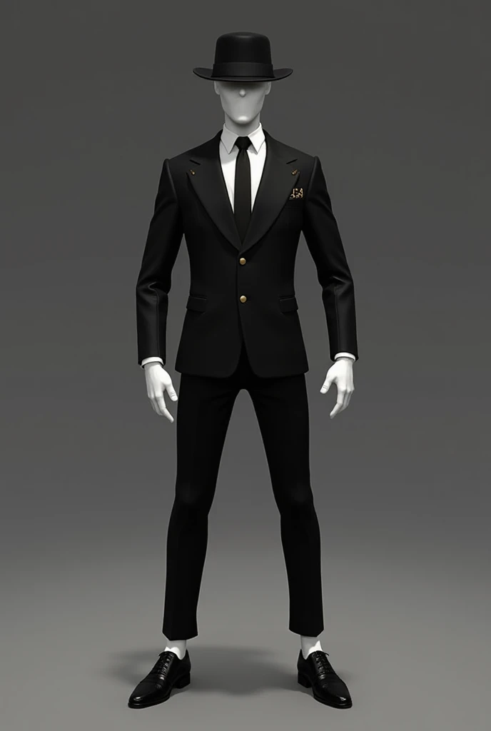 Um personagem de free fire, with Michael's hat ,  white face, with a black dress suit ,  and black dress pants ,  and white socks and black dress shoes 