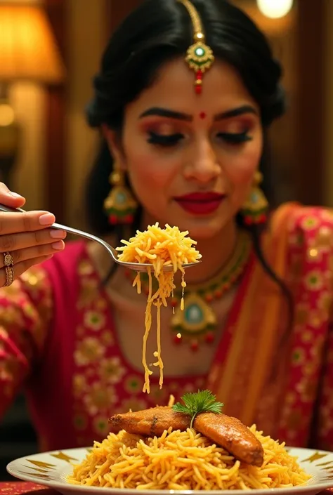 Big, Eye-Catching Visual:
The same mesmerizing 25-year-old Indian woman in an elegant Anarkali dress, sitting at a beautifully decorated dining table. Holding a spoonful of juicy saffron-infused chicken biryani near her mouth, she takes a bite, her lips ge...