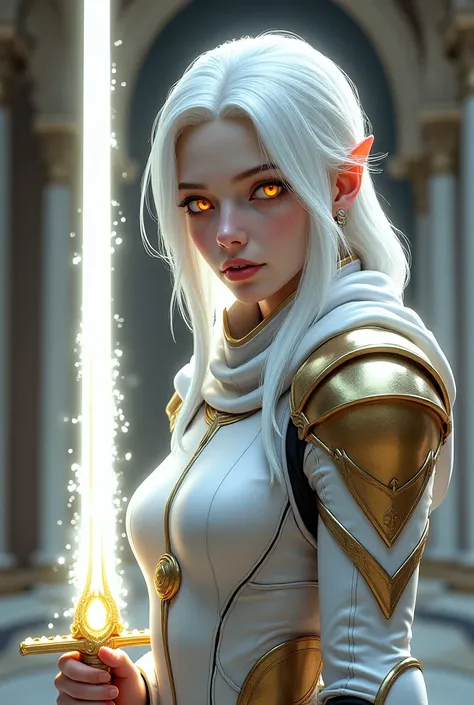 female warrior, 27 years old,  with white hair and pale skin, vibrant orange eyes. He wears white and gold armor, Wielding a sword that emits a shimmering white light.  room,  realism, digital,  detailed.