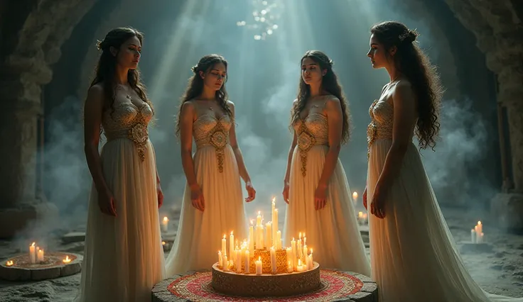 Four beautiful women standing with candles and incense