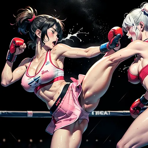 (((dynamic battle action))), they are (((((beating each other's body and face by fist and leg))))) so hard. two (((bloody)))) cute heavy weight Japanese high school student (((girl fighters))) are fighting in the octagon fighting ring of underground arena ...