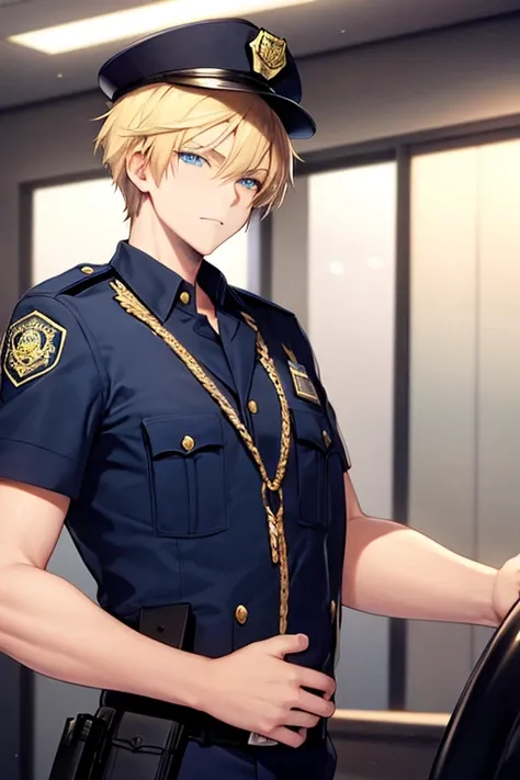 Short blond hair, blue eyes, beautiful boy, police style