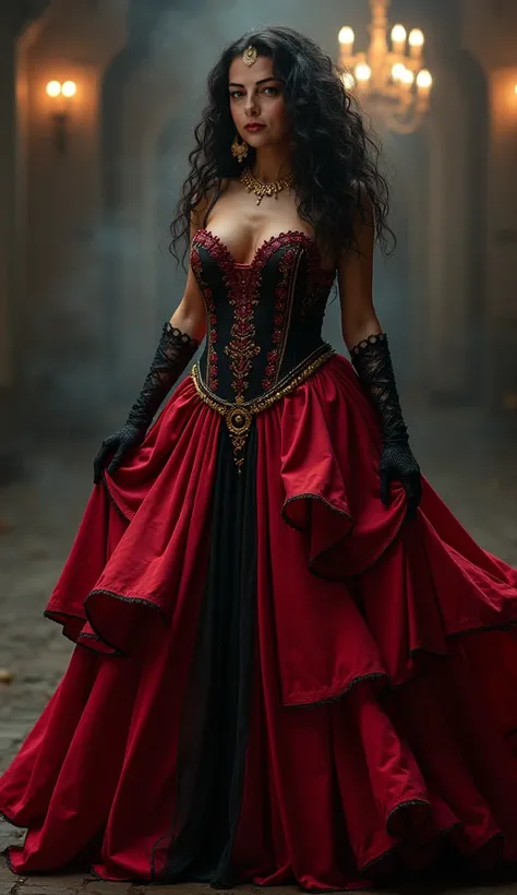 A powerful and seductive woman dressed as Pomba Gira, weighing approximately 73 kg, with a curvy and striking silhouette. She wears a luxurious red and black gown with a fitted corset adorned with embroidery and shimmering details. The skirt is voluminous,...