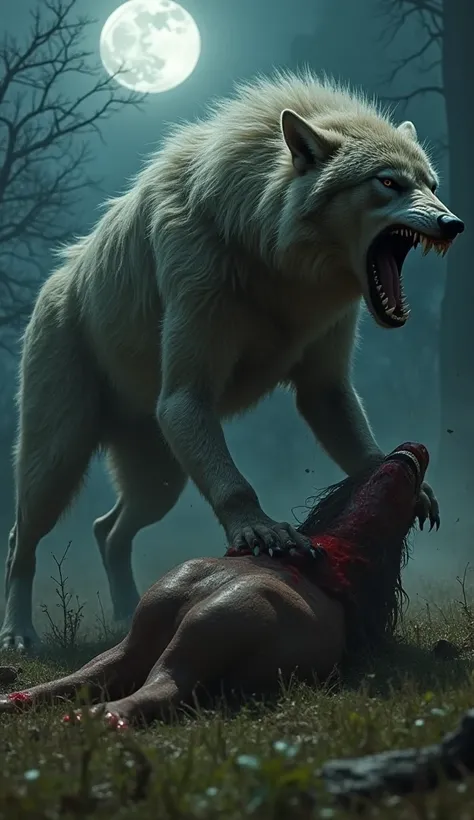 "The Werewolf lunges and sinks its fangs into the Centaur’s throat, bringing it crashing to the ground. Blood stains the grass as the Werewolf lets out a victorious howl, its fur illuminated by the eerie moonlight."