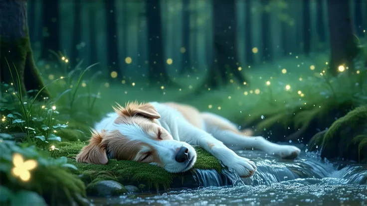 The dog is sleeping happily in a dreamy forest where anyone can feel like it's not in this world. A small stream flows next to it, and shiny things like fireflies fly beautifully in the air. It's a forest where everyone wants to lie down and sleep with tha...