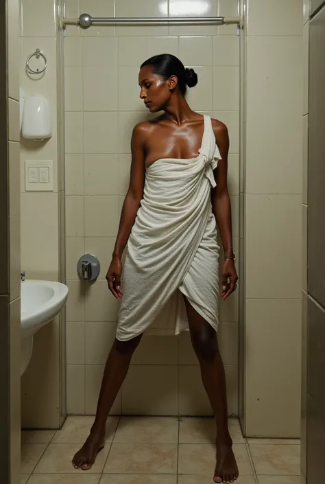 Realistic Photo of indian mother From the school bathroom Showering Wear a Bath Towel  is wet from the shower water School bathroom Ashamed More Baths in the bathtub. Standing with legs spread wide. 