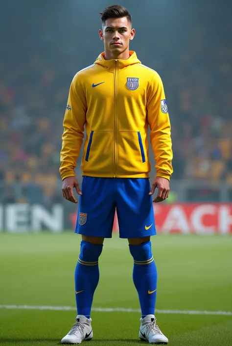 A footballer/  defense before the game : Age:  25 years height 1 ,81 m , athletic build,  lightly combed dark brown short hair,  ojos azules.  uniform : yellow jacket with highlights in royal blue , short shorts color royal blue , , King blue tights , Nike...