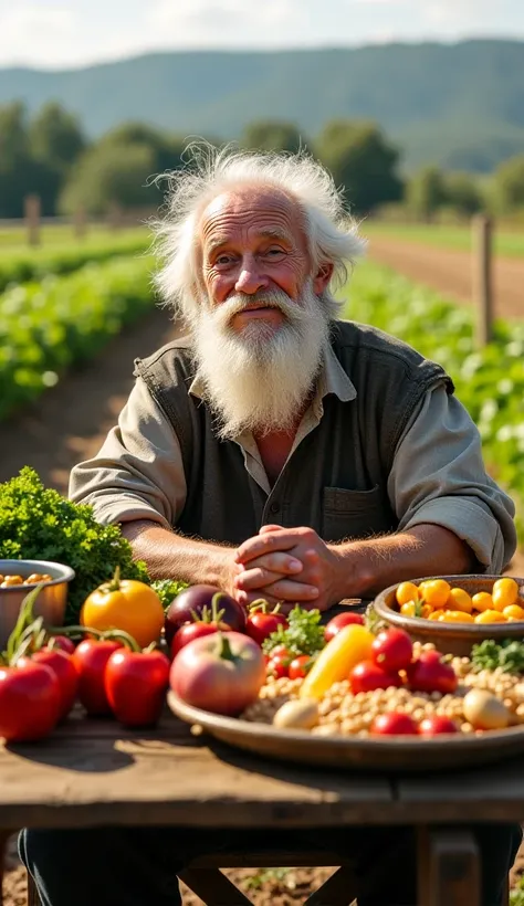 A very old man in front of a table full of food on a farm 