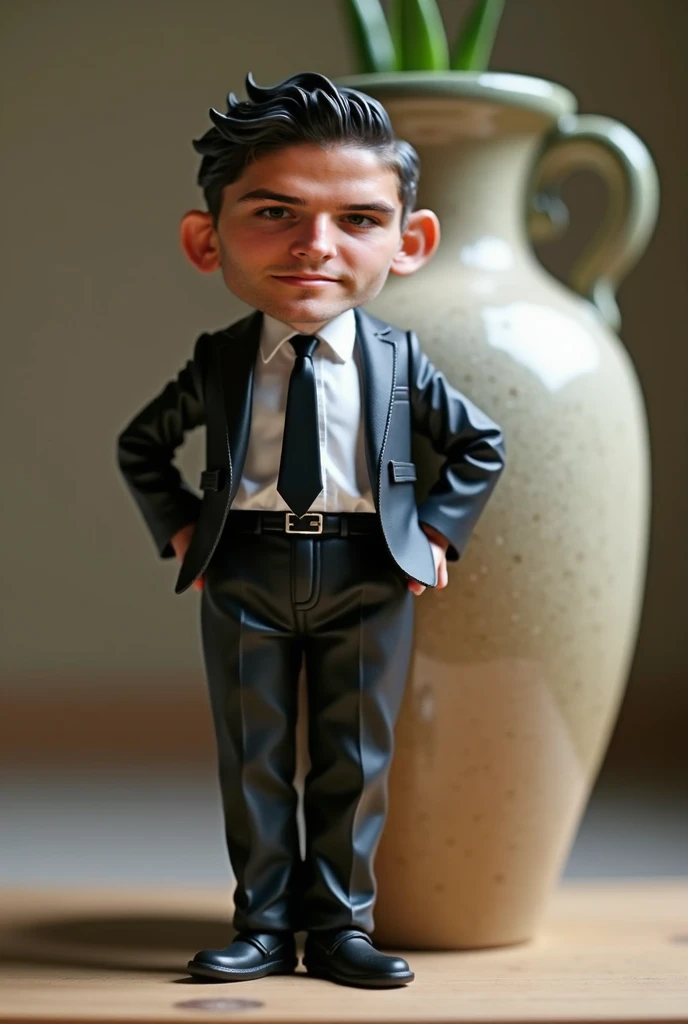 A dwarf man , Italian,  short black hair,  hairstyles back , and fixed with gel.  Wearing White Dress Shirt,  black blazer and black tie,  wearing black dress pants . He is 15 centimeters tall, leaning against a gigantic ceramic vase.  front view . hyperre...